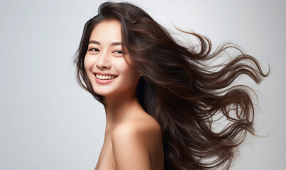 Portrait of a beautiful Asian woman with flowing black hair. Bright smile, shampoo advertising concept Hair conditioner and cosmetic products, Generation AI - obrazy, fototapety, plakaty