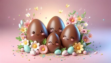 Obraz na płótnie Canvas Chocolate Easter eggs with adorable faces, nestled amid a floral bouquet. Surrounding them are pastel eggs, radiant butterflies, and twinkling stars against a soft gradient.
