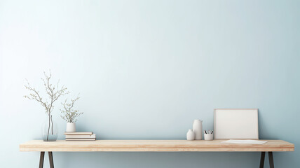 a table against a light wall, minimalistic interior background in scandi style - obrazy, fototapety, plakaty