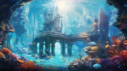 Cartoon underwater world with fishes and old bridge over the sea.
