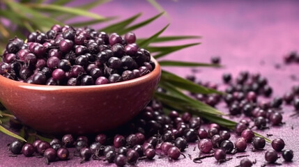 Obraz na płótnie Canvas Group of Fresh Green Acai Berry Fruits In Bowl On Purple Background with Copy Space Selective Focus