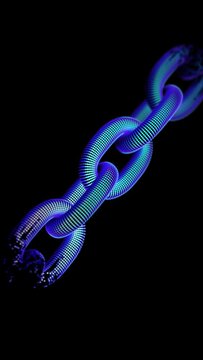 3D chain links is created from blue pixels on black background. Abstract concept of blockchain network, technology, data protection, cryptocurrency mining. Digital data security vertical animation