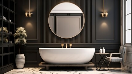 Elegant white and black bathroom with round mirror.