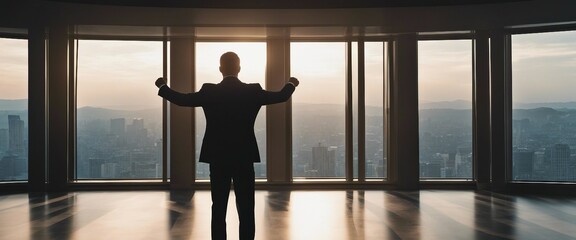 A man in a suit, seen from behind, raising his fists and looking at the city through a window.