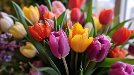 Beautiful colorful Tulips. Tulips. Mother's day concept with a space for a text. Valentine day concept with a copy space.