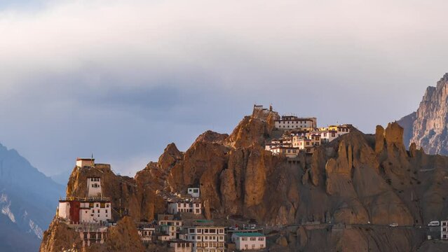 4K Time-lapse shot of Dhankar Monastery during evening at Dhankar in Spiti Valley, Himachal Pradesh, India. Clouds move behind the Dhankar gompa during the sunset. Beautiful monastery background. 