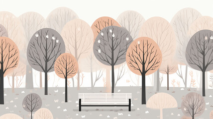 flat graphics autumn soft color pastel pattern autumn park bench silence