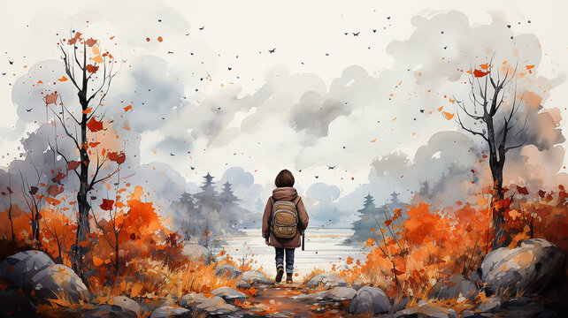 a child with a backpack on an autumn hike, watercolor drawing picture illustration back to school