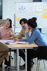 Ux developer and ui designer use augmented reality brainstorming about mobile app interface wireframe design on desk at modern office. creative digital development agency