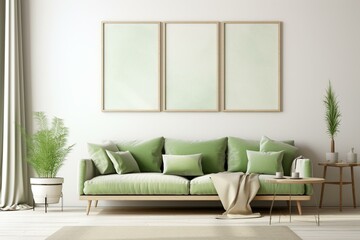Green living room featuring a mock up poster with Scandinavian home decor in a 3D rendering. Generative AI
