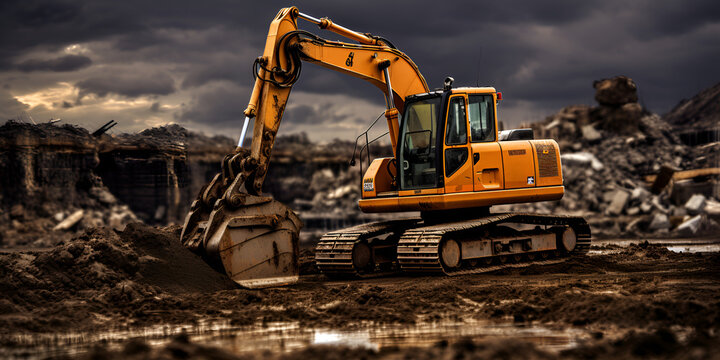 excavator at work on a muddy place,AI Generative 