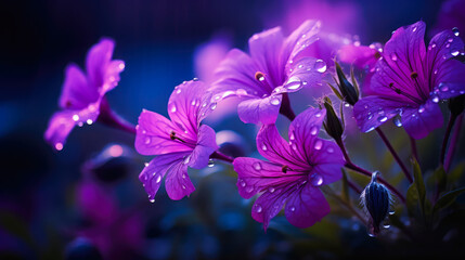 Beautiful Dewy Purple Flowers at Night