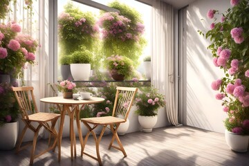 Fototapeta na wymiar Beautiful terrace or balcony with small table, chair and flowers