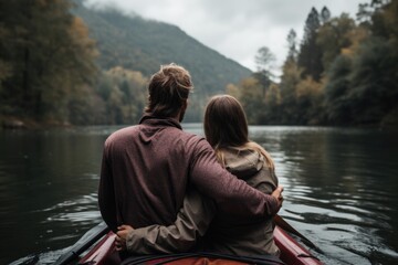 Fototapeta premium Loving couple on a camping trip walking near a lake. Man and woman in warm clothing by the lake in forest hugging and looking forward to beautiful nature.