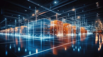 Smart logistics, Futuristic digital warehouse using augmented reality, Modern high tech innovative warehouse logistics displayed, E-commerce and delivery concept.