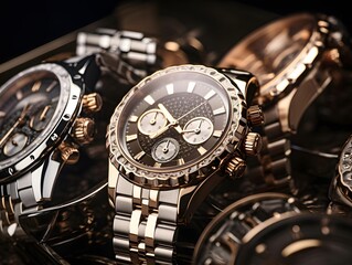 Luxury wristwatch on a dark background close-up.