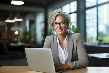 Smiling businesswomen behind a work desk. Women at work in a company. IA.
