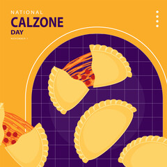National Calzone Day on november 1, Some delicious calzone contains what's on pizza vector illustration and text isolated on abstract background for commemorate and celebrate National Calzone Day.