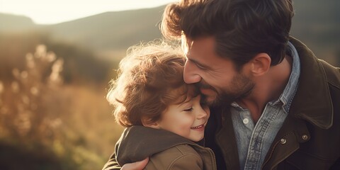 A father sealing a kiss and a boy hugging a child - obrazy, fototapety, plakaty