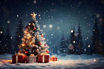 christmas tree decorations, santa claus with gifts, snowman in the snow, christmas gift boxes	