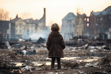 little lost girl among the ruins against the backdrop of a destroyed city. Smoking houses after the impact. - obrazy, fototapety, plakaty