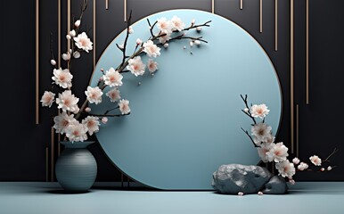 3d mock up of an empty display stand with flowers in vases, in the style of dark azure, japanese abstraction