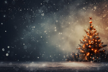 Obraz premium christmas tree decorations, santa claus with gifts, snowman in the snow, christmas gift boxes 