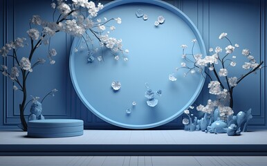 3d mock up of an empty display stand with flowers in vases, in the style of dark azure, japanese abstraction