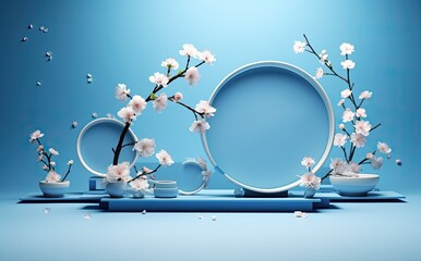 3d mock up of an empty display stand with flowers in vases, in the style of dark azure, japanese...