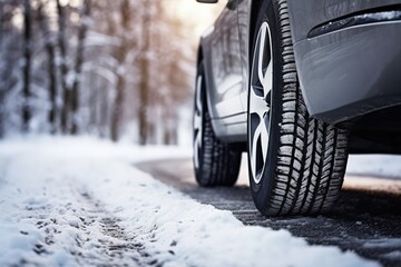 Fototapeta na wymiar Close-up of car tires in winter on the road