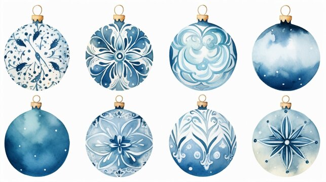 Set of watercolor Christmas balls with different design. Decoration for the holiday. Created with Generative AI technology

