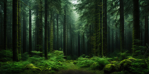 Misty road in fir forest. Minimalistic scenery. Generative AI - Powered by Adobe