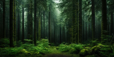 Foto op Plexiglas Misty road in fir forest. Minimalistic scenery. Generative AI © AngrySun