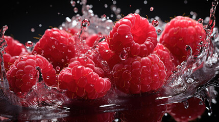 Group of Delicious Fresh Raspberries With Splashing Water on Dark Defocused Background