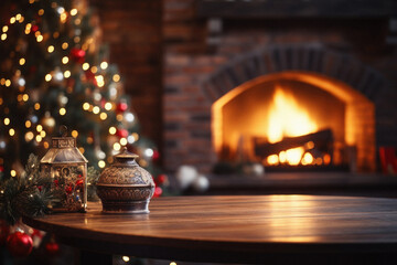 Wooden table in front of fireplace Christmas tree. Space for text.