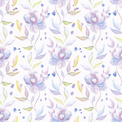 Delicate violet blooms and leaves form a seamless pattern, natural charm. Еlegance to stationery, fabric, and digital backgrounds.Perfect for creating a calming, nature-inspired atmosphere in designs.