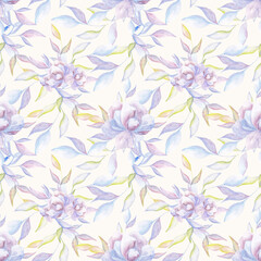 Fototapeta na wymiar Delicate violet blooms and leaves form a seamless pattern, natural charm. Еlegance to stationery, fabric, and digital backgrounds.Perfect for creating a calming, nature-inspired atmosphere in designs.