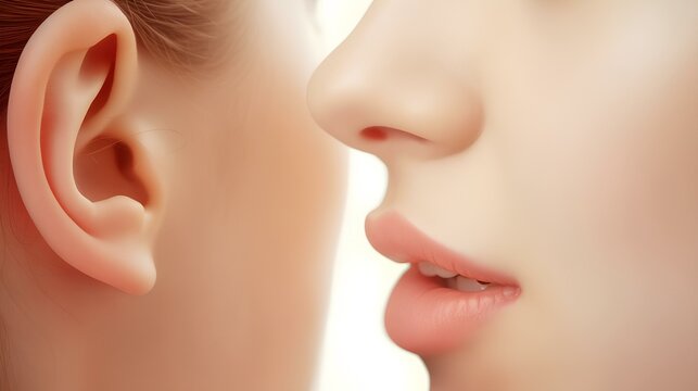 A woman whispers something in her friend's ear, reveals a secret or gossips.