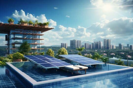 a rooftop solar panel with a city view, pool, and clouds. Generative AI