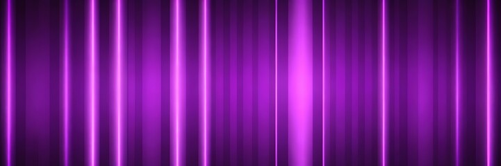 Pink striped background. Purple vertical neon stripes seamless banner. Abstract pink neon light lines effect seamless background banner.