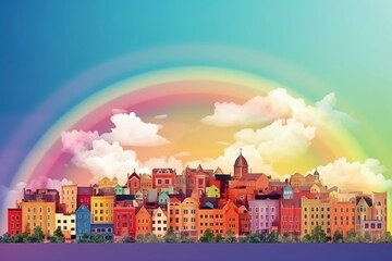 Colorful cityscape with a vibrant rainbow in the sky. Generative AI