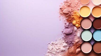 Frame composition with makeup cosmetics items on pastel solid color background.