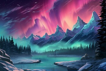 Fototapeta na wymiar Pink and turquoise aurora borealis dancing over a snowy winter mountain scene. Generative AI