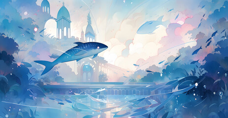 Underwater fantasy city illustration with fishes