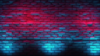 Illuminated brick wall with a vivid neon light gradient from blue to red, creating a dynamic and modern textured background