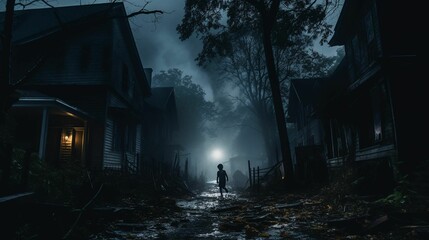 AI generated illustration of a boy running on a dirt road in a village at night