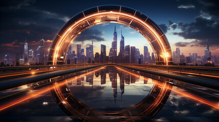 Fototapeta na wymiar round neon arch portal with a view of the panorama of the modern city cityline skyscrapers, podium presentation
