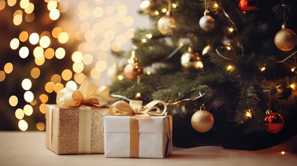 Fototapeta na wymiar Christmas tree and gifts on the background of a beautiful bokeh.