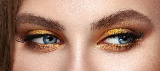 Beautiful female eyes with long eyelashes. Eyelash extensions. Makeup, cosmetics, beauty. Close up,...