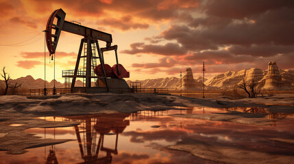 Oil Pump Rig Oil and Gas Production Oil Field Site Dramatic Defocused Background - obrazy, fototapety, plakaty
